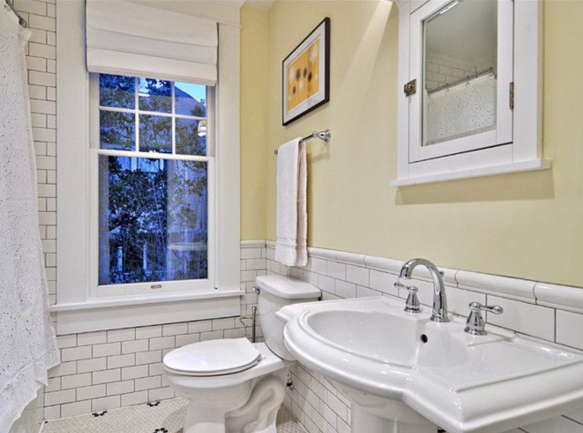 bathroom with white subway tile and walls painted Windham Cream
