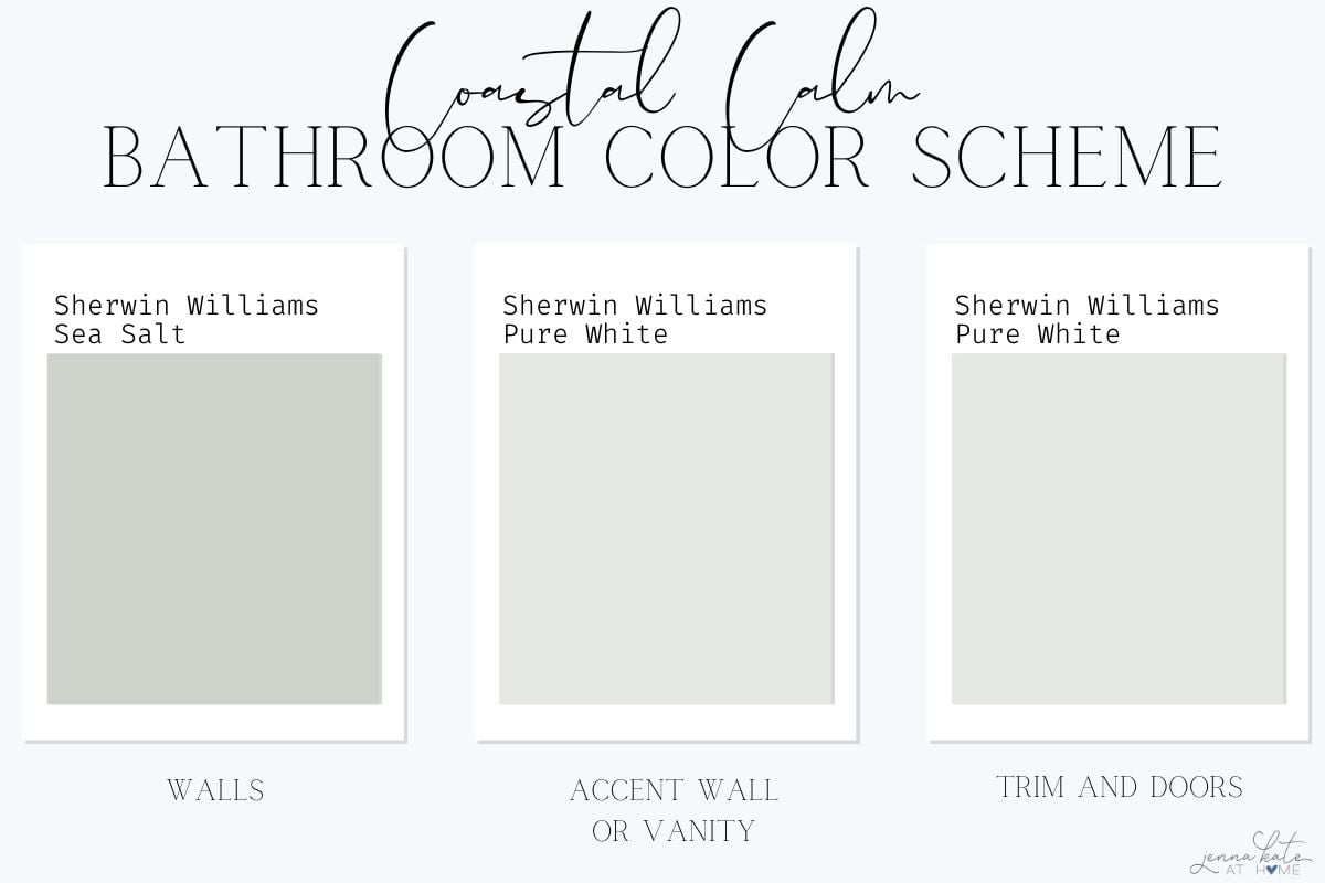 coastal calm bathroom color palette with sherwin williams sea salt and pure white swatches.