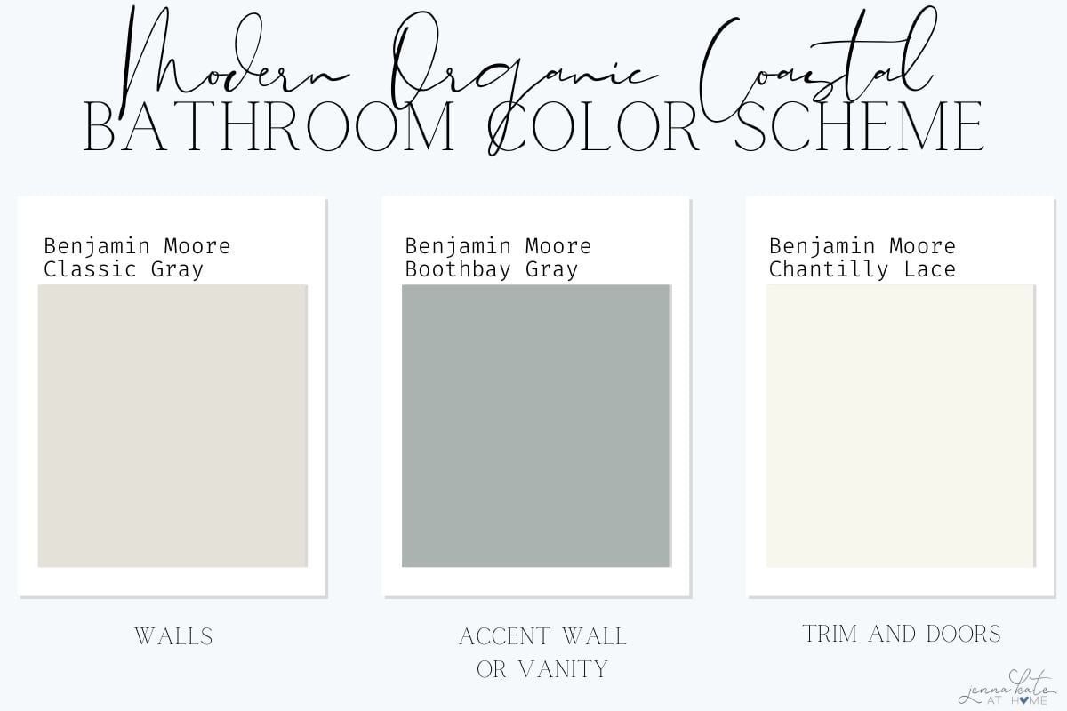Modern Organic Coastal bathroom color palette with Benjamin Moore Classic Gray, Boothbay Gray and Chantilly Lace swatches.