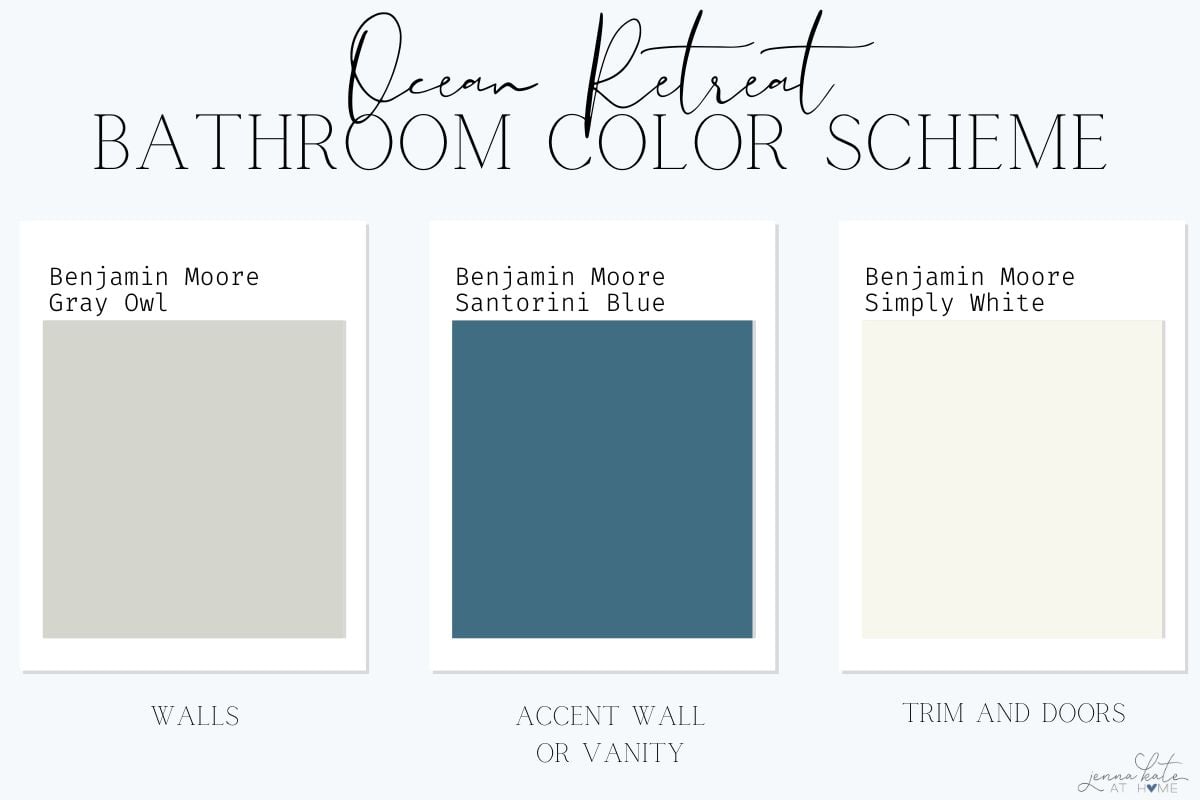 Ocean Retreat bathroom color palette with Benjamin Moore Gray Owl, Santorini Blue and Simply White swatches.