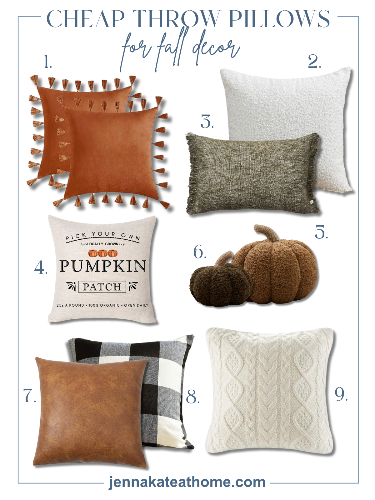 a collage of my favorite affordable throw pillows for fall