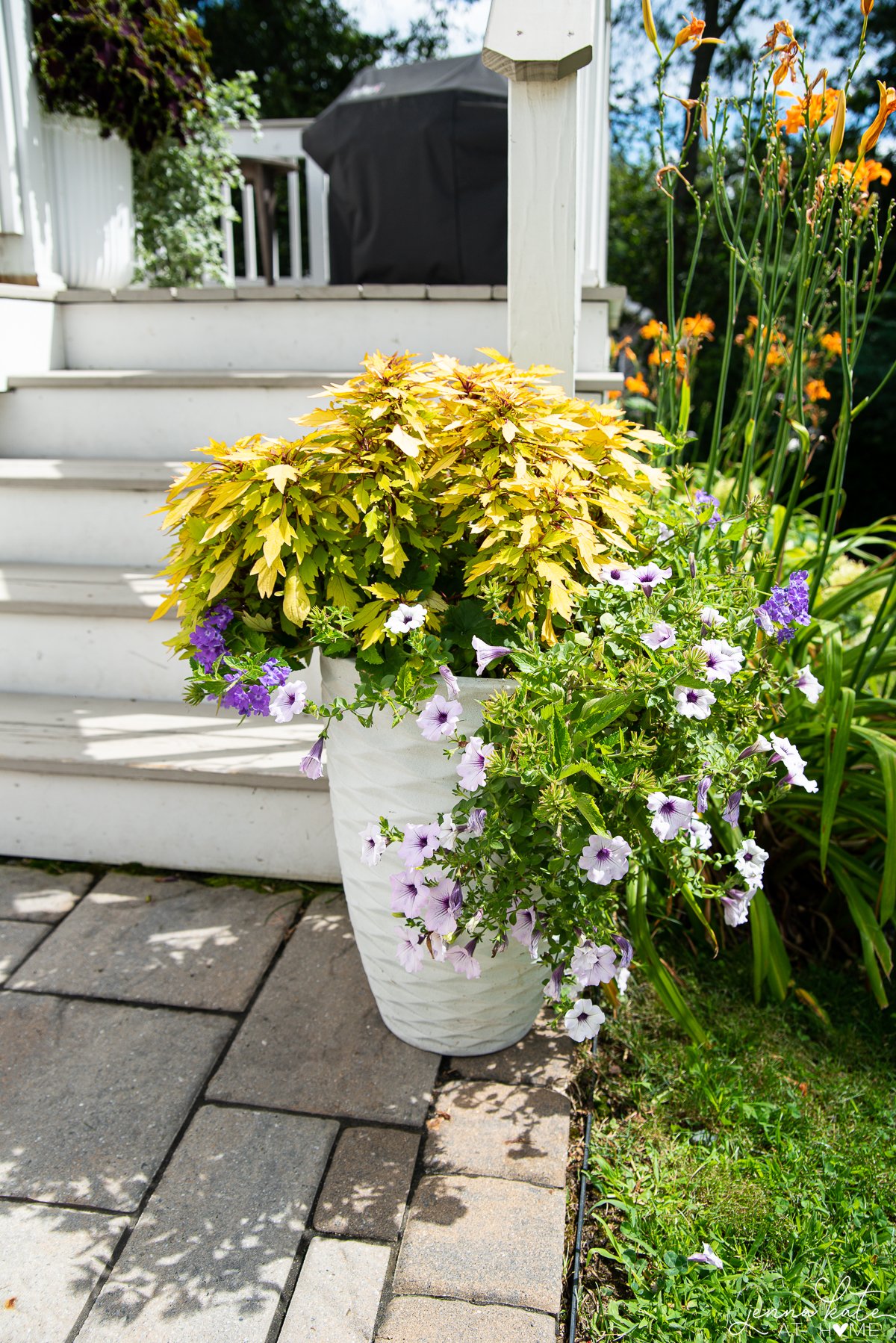 Tall white planter in front of steps overflowing with purple petunias