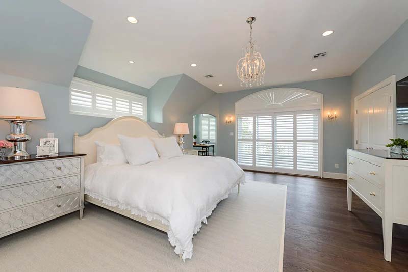 a bedroom painted with benjamin moore smoke paint color
