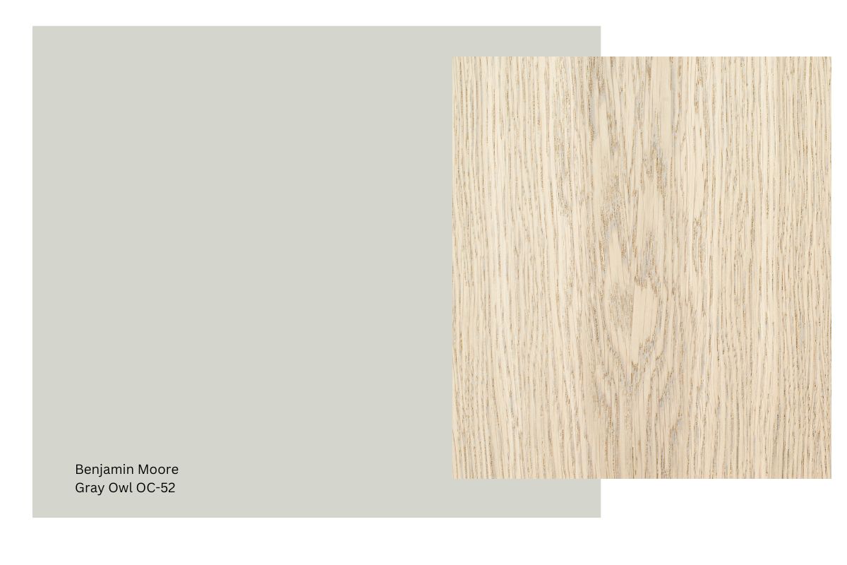 swatch of Benjamin Moore Gray Owl with white oak 