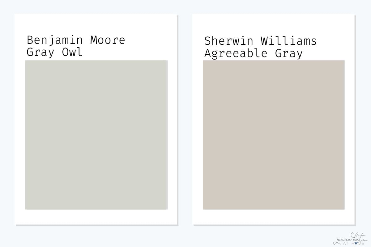 Benjamin Moore Gray Owl vs Sherwin Williams Agreeable Gray swatches.
