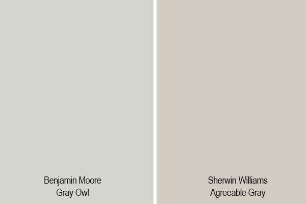 swatch comparison of gray owl and agreeable gray