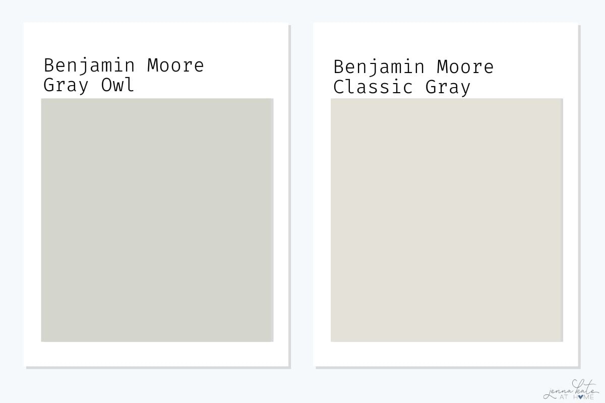 Benjamin Moore Gray Owl vs Classic Gray swatches.