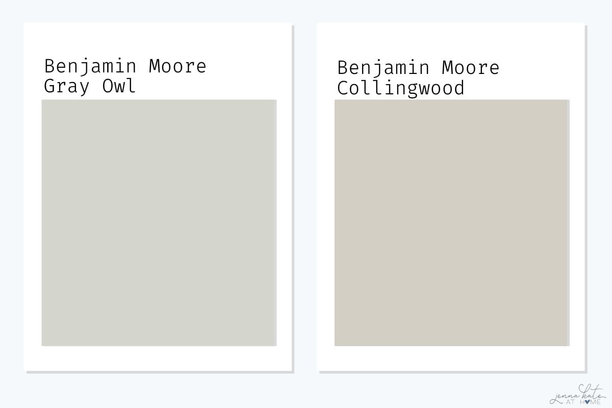 Benjamin Moore Gray Owl vs Collingwood swatches.