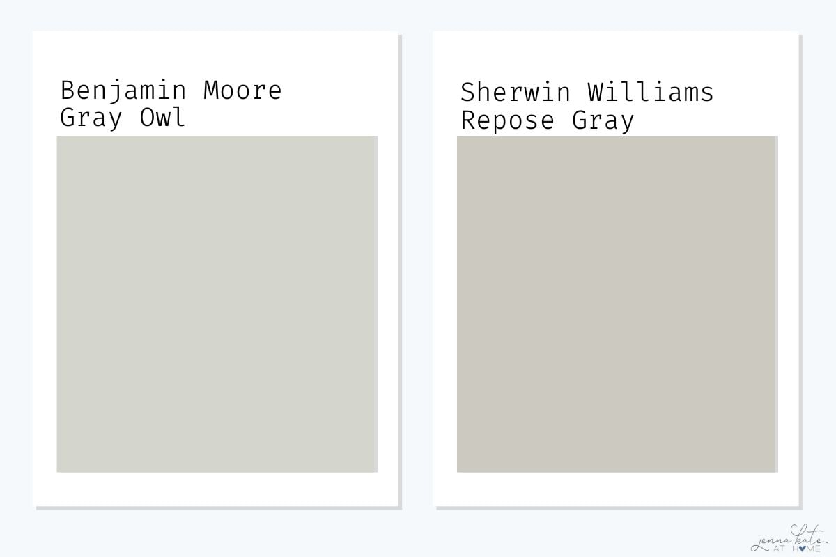 Benjamin Moore Gray Owl vs Sherwin Williams Repose Gray swatches.