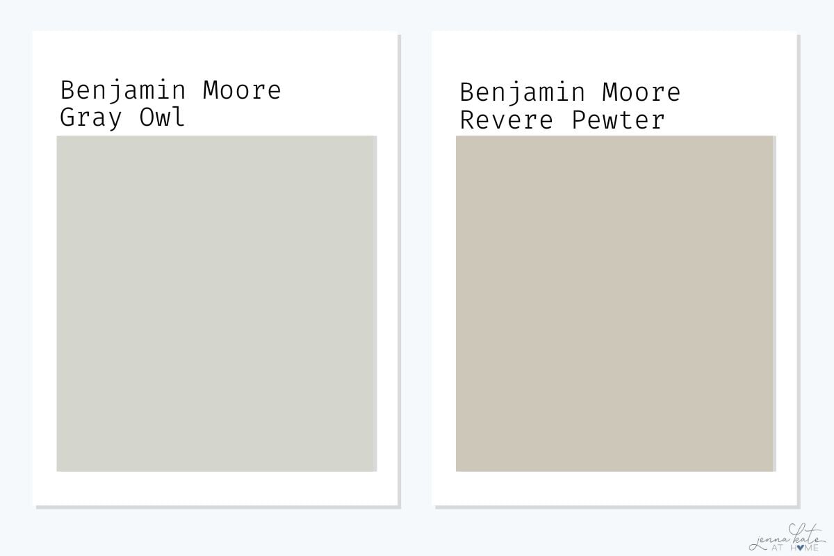 Benjamin Moore Gray Owl vs Revere Pewter swatches.