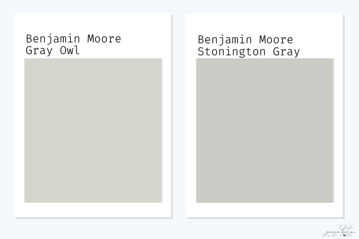 Benjamin Moore Gray Owl vs Stonington Gray swatches.