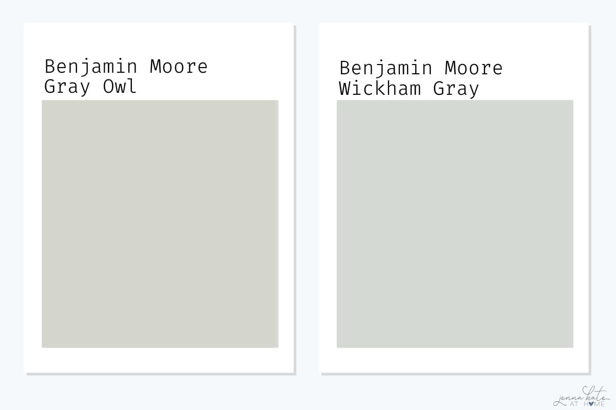 Benjamin Moore Gray Owl vs Wickham Gray swatches.