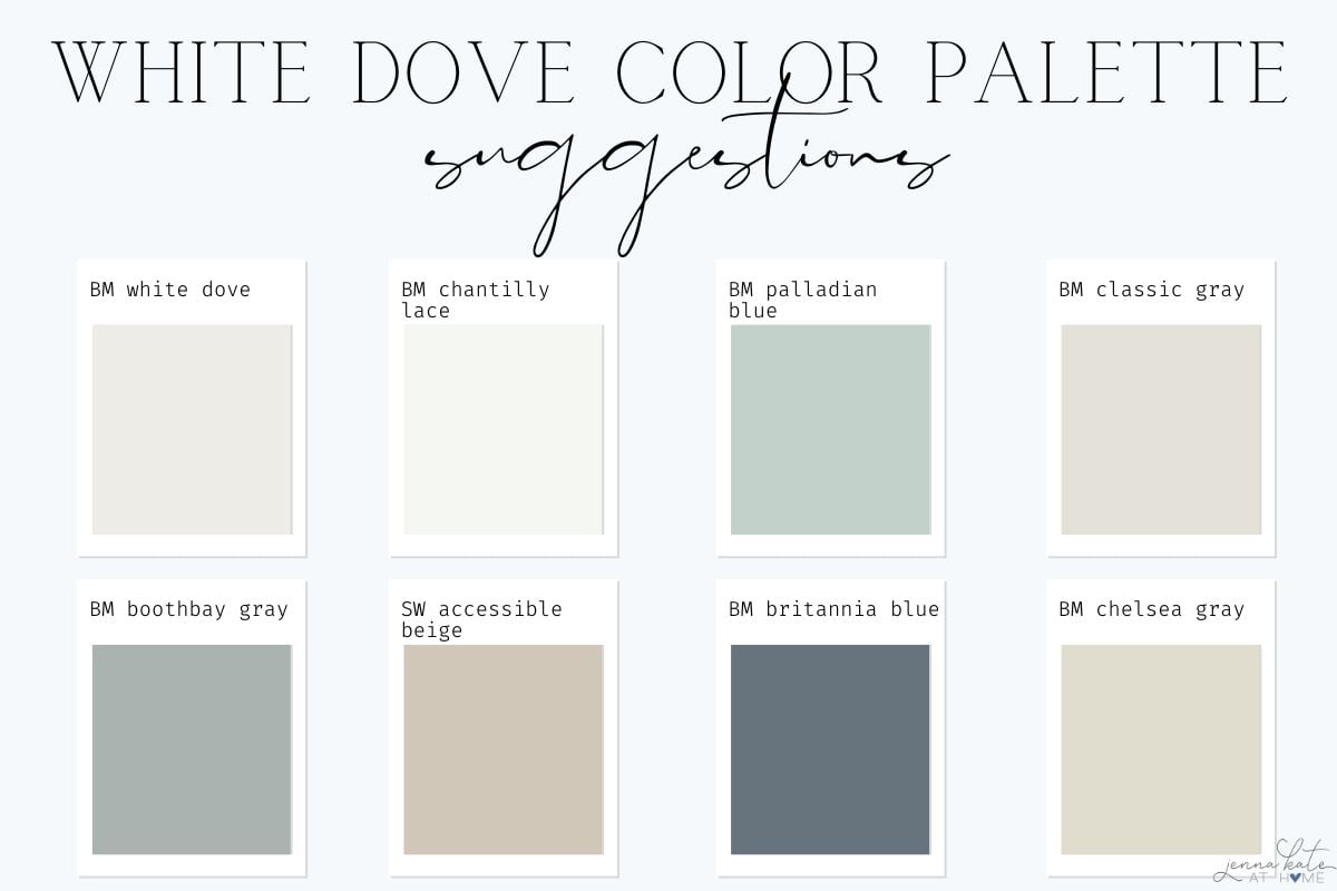 white dove color pallette suggestions with various shades of blue and neutrals,