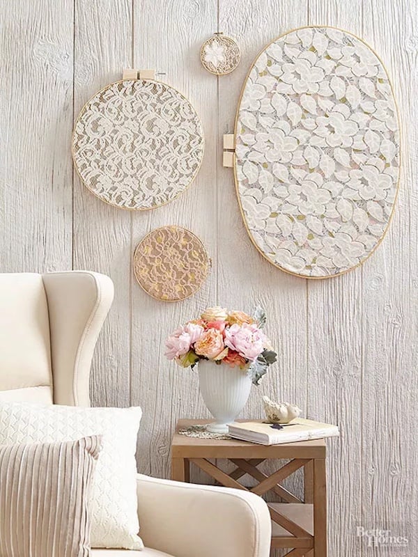 Lace in embroidery hoops as wall art