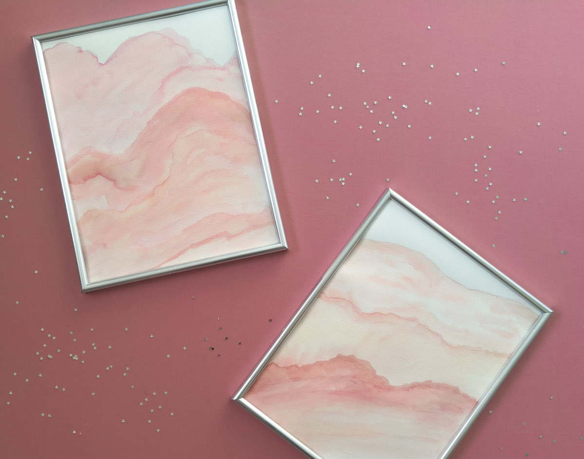 Two abstract pink watercolor artworks framed