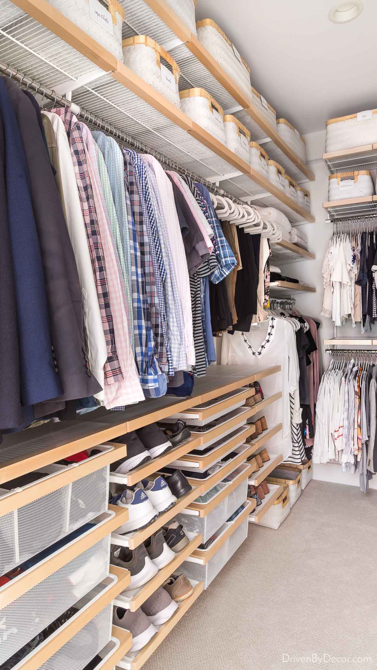 Closet with vertical space being filled with baskets, shelves, and hanging racks.