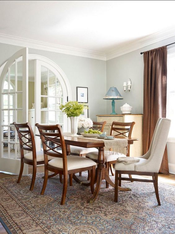 Dining room walls painted Benjamin Moore Silver Sage.