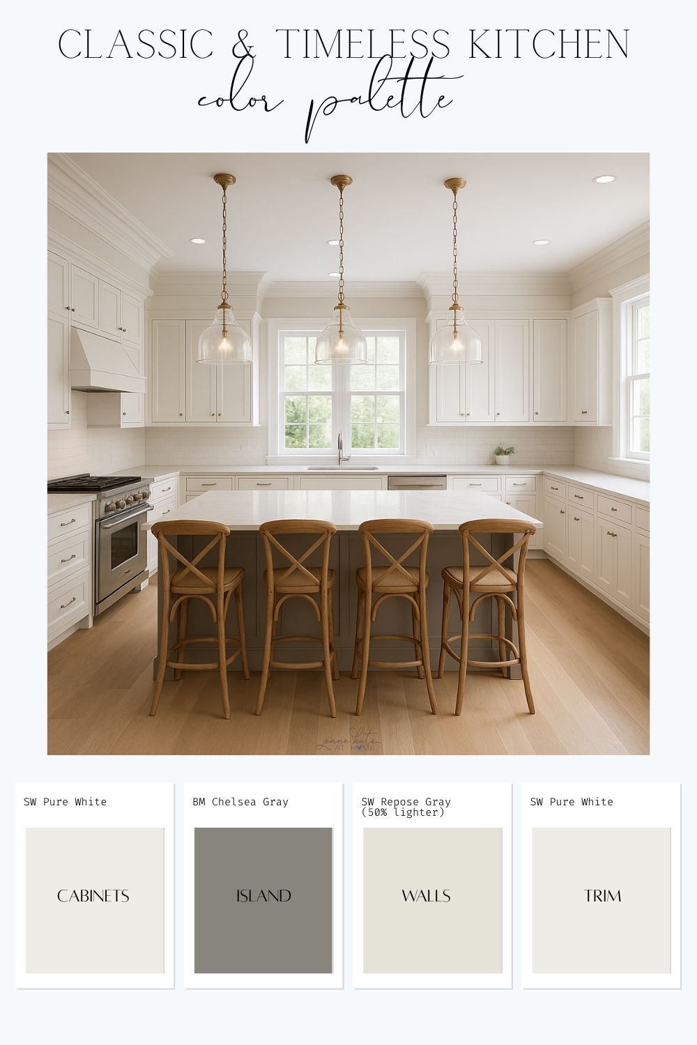 classic kitchen paint color palette with sherwin williams pure white and benjamin moore chelsea gray cabinets.