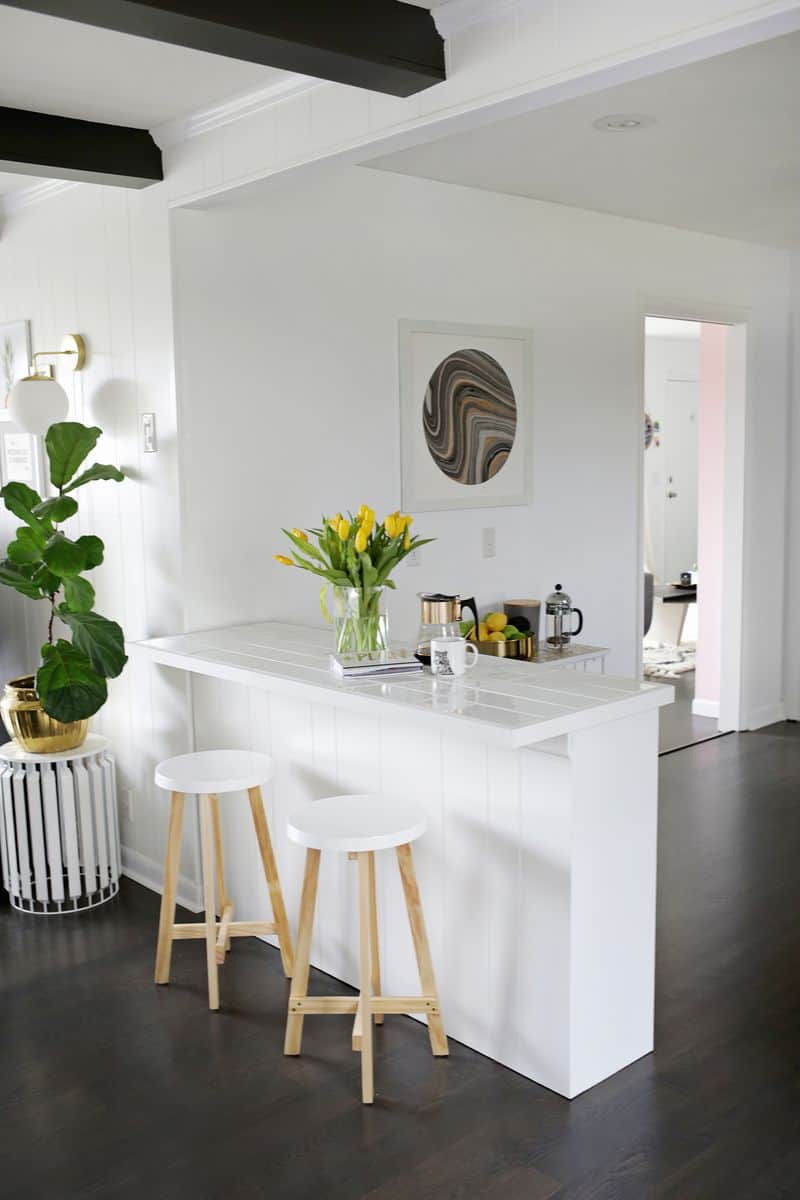 White DIY tiled countertop in a kitchen