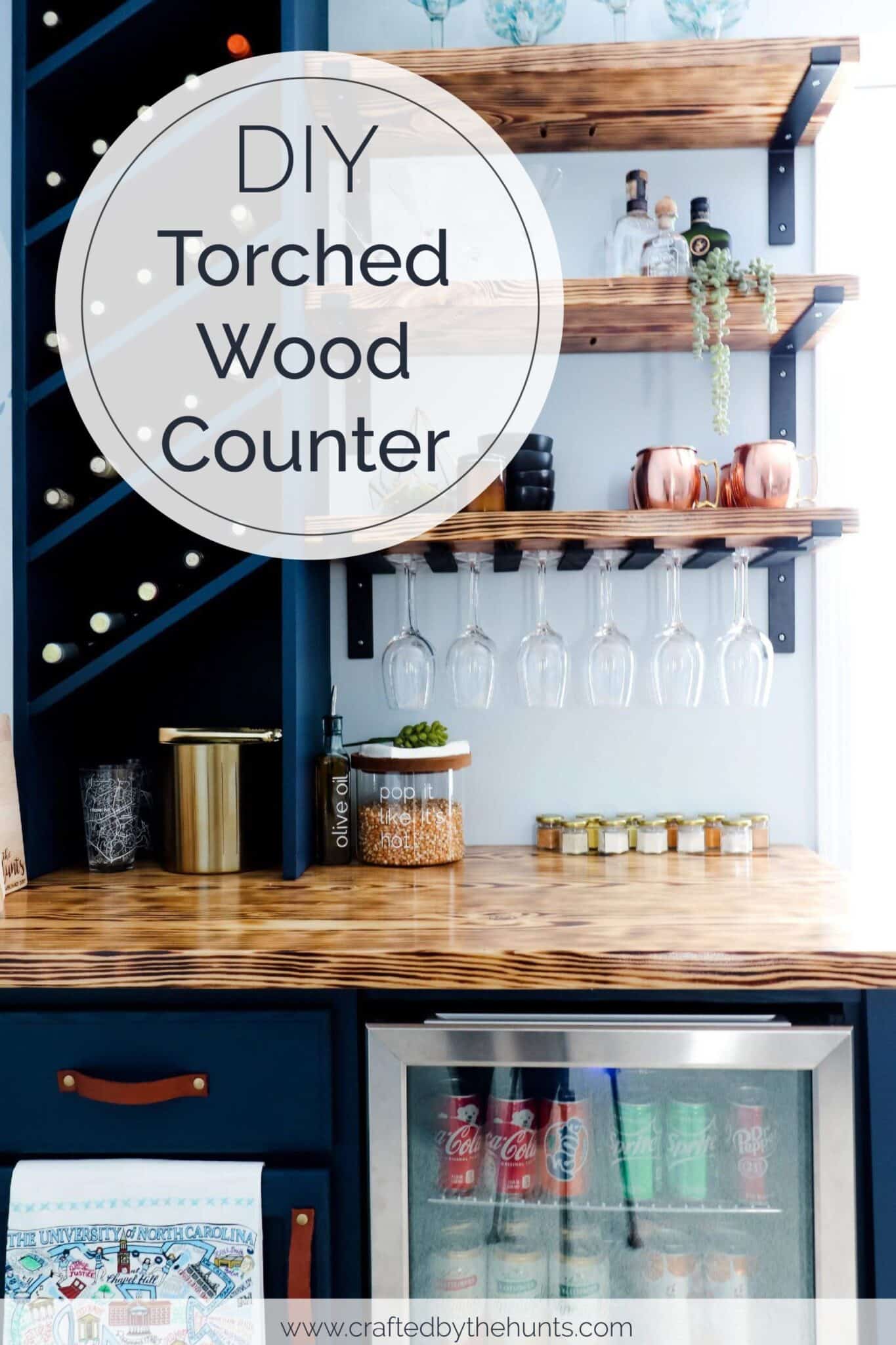 DIY torched wood countertop in a kitchen bar area