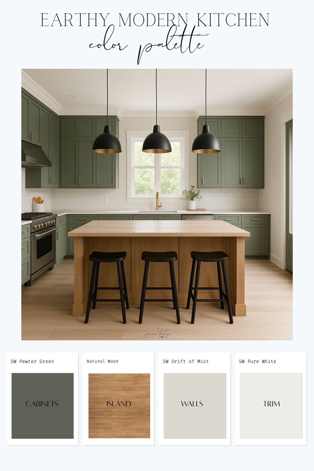 Earthy modern kitchen paint colors with SW pewter green cabinets and natural wood island.