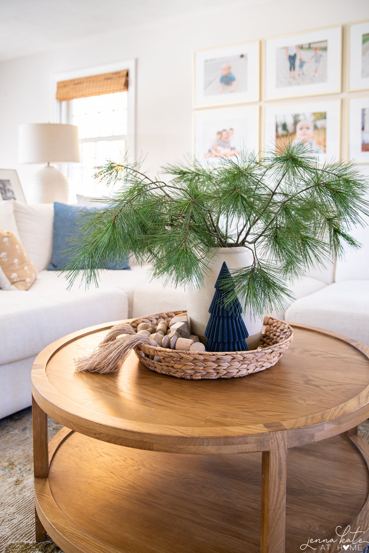 A close-up view of a living room Christmas centerpiece on a coffee table.