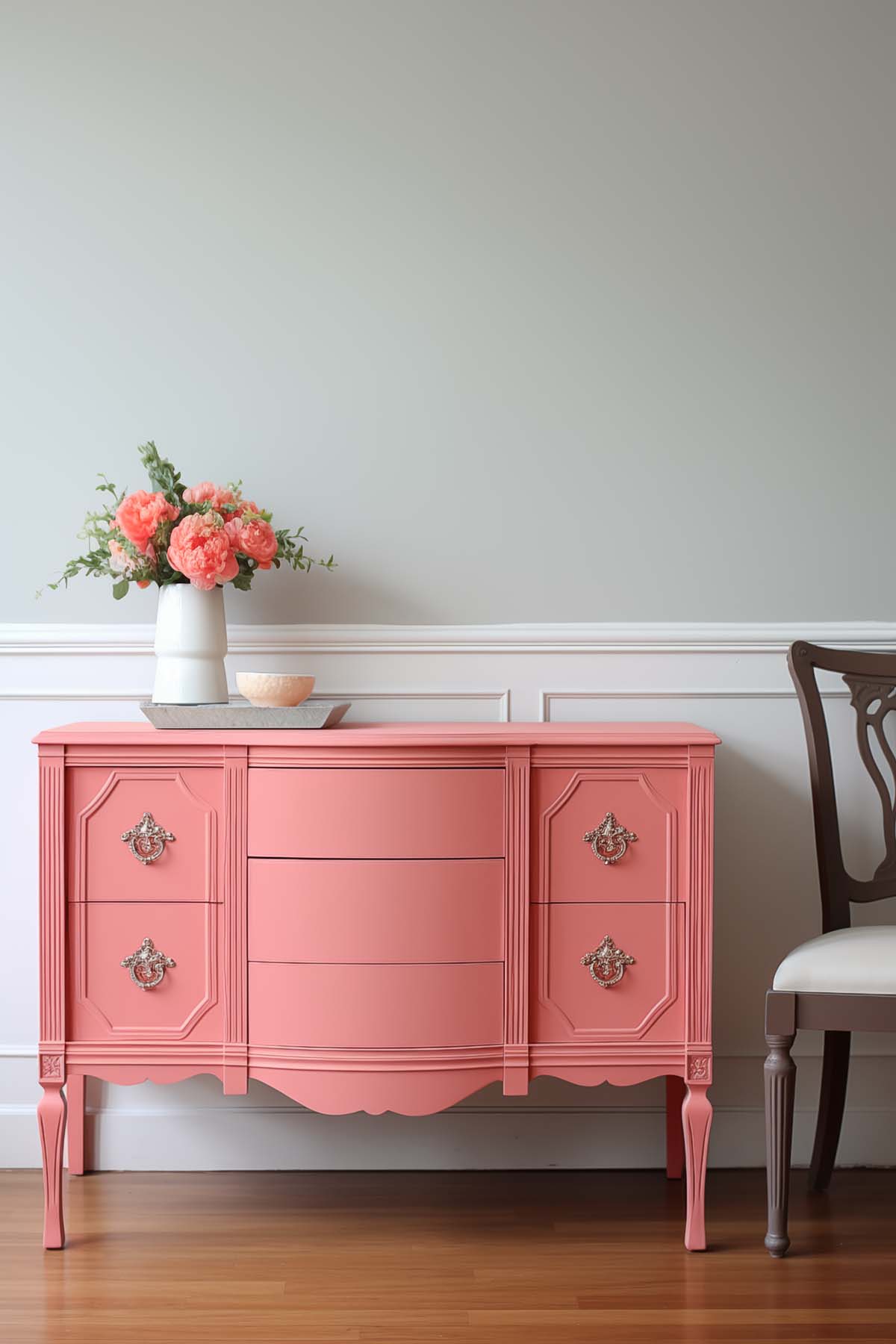 an entryway table or dining room console painted a vibrant coral tone which is sherwin williams coral rose paint color.