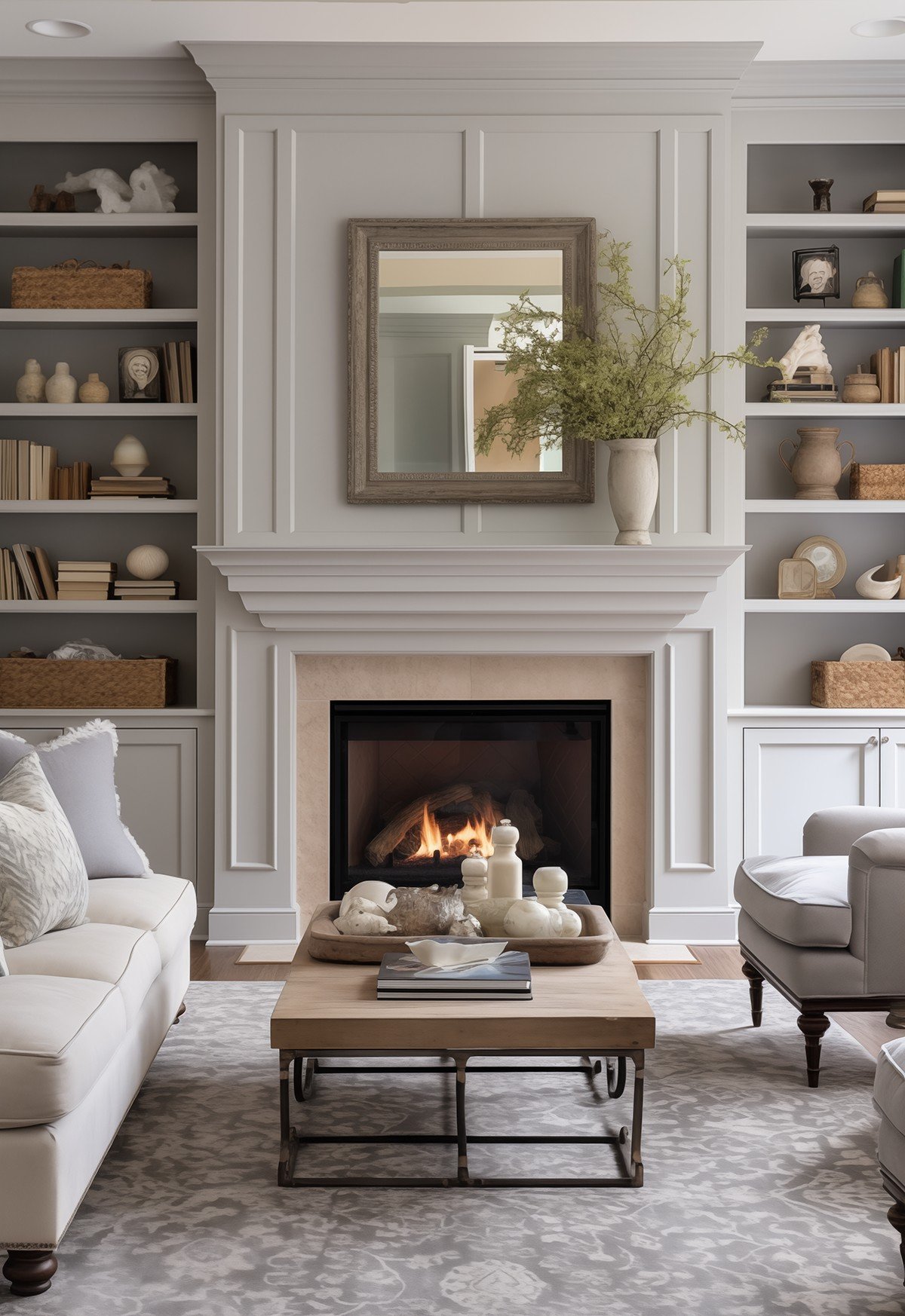 a fireplace in a living room painted with repose gray.