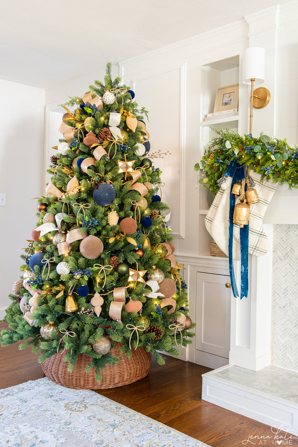 Christmas tree decorated with shades of brown and blue