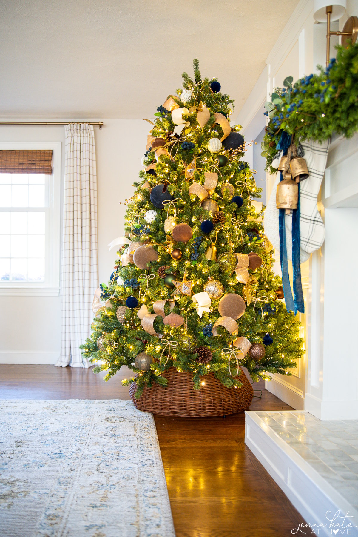 decorated christmas tree in a wicker tree collar