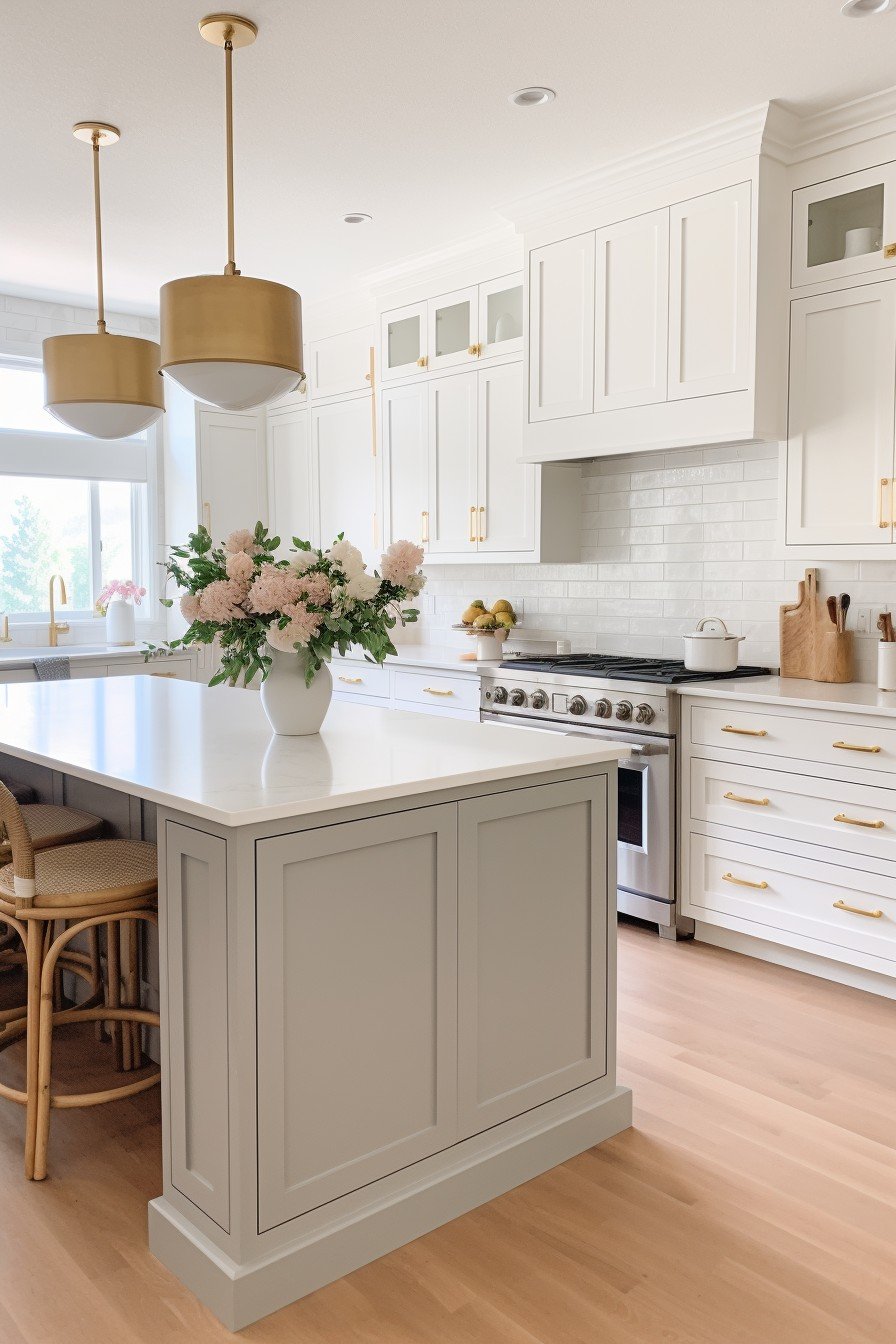 a kitchen with gold accents and a gray kitchen island surrounded by white cabinets