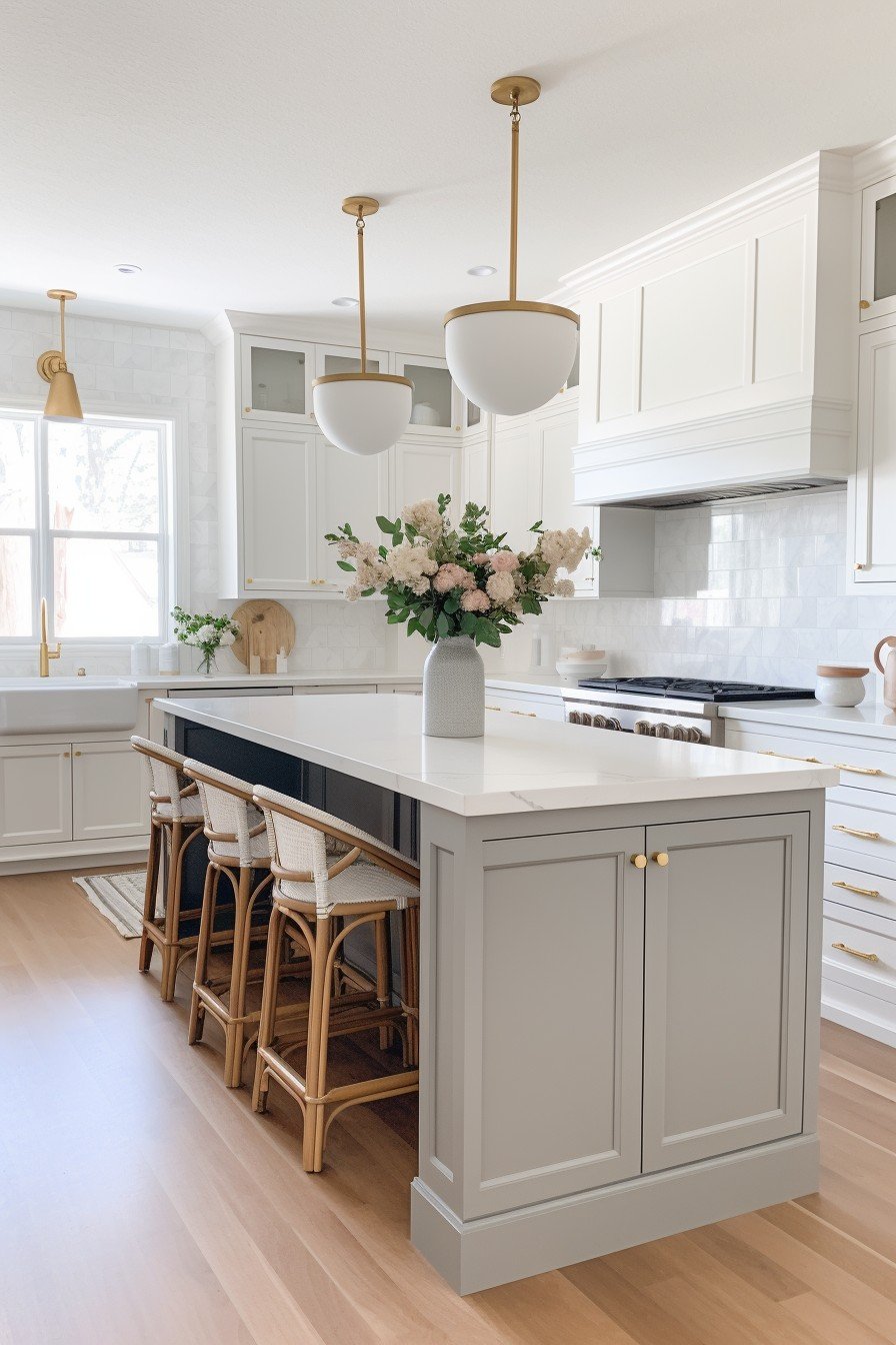 white kitchen cabinets with repose gray island with white quartz countertops and rattan barstools