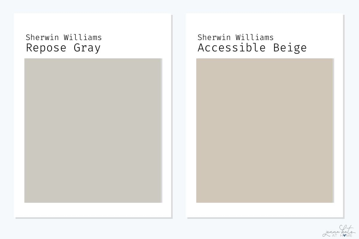 Side-by-side comparison of SW Repose Gray and SW Accessible Beige.