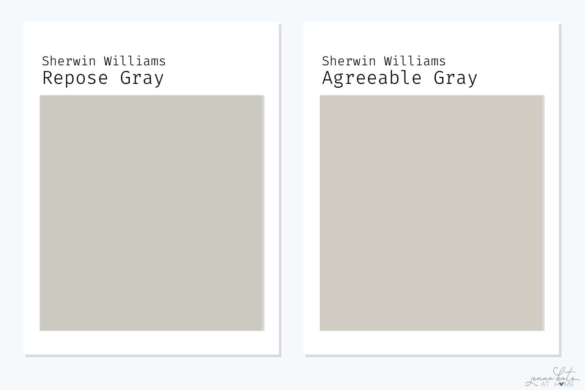 Side-by-side comparison of SW Repose Gray and SW Agreeable Gray.