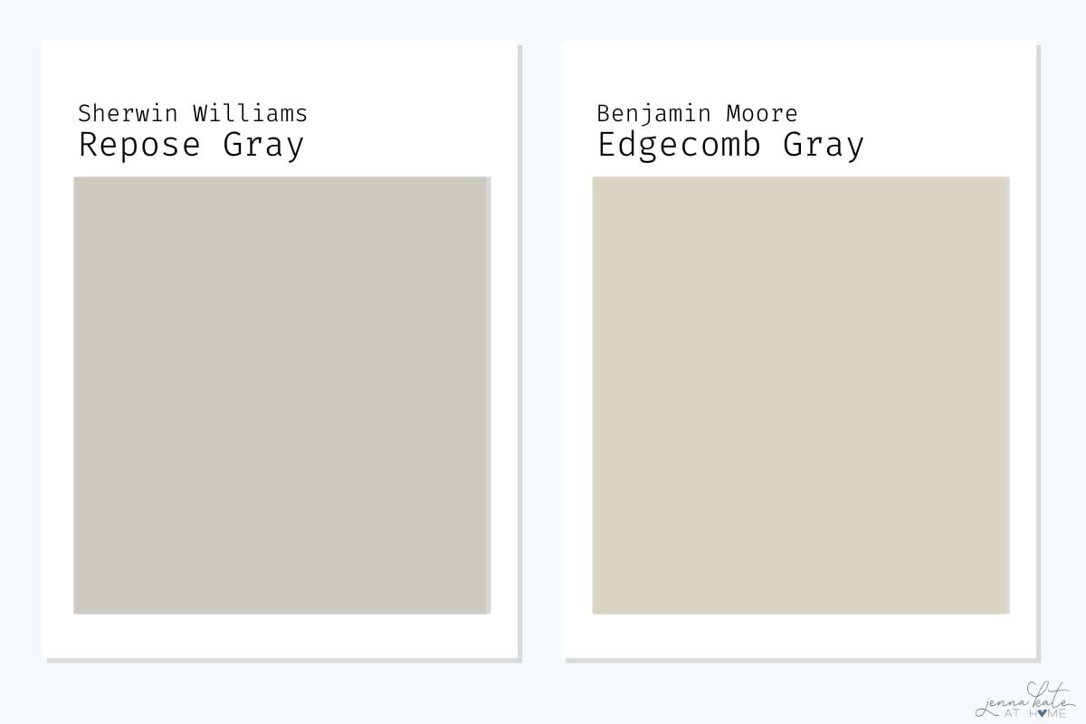 Side-by-side comparison of SW Repose Gray and BM Edgecomb Gray.