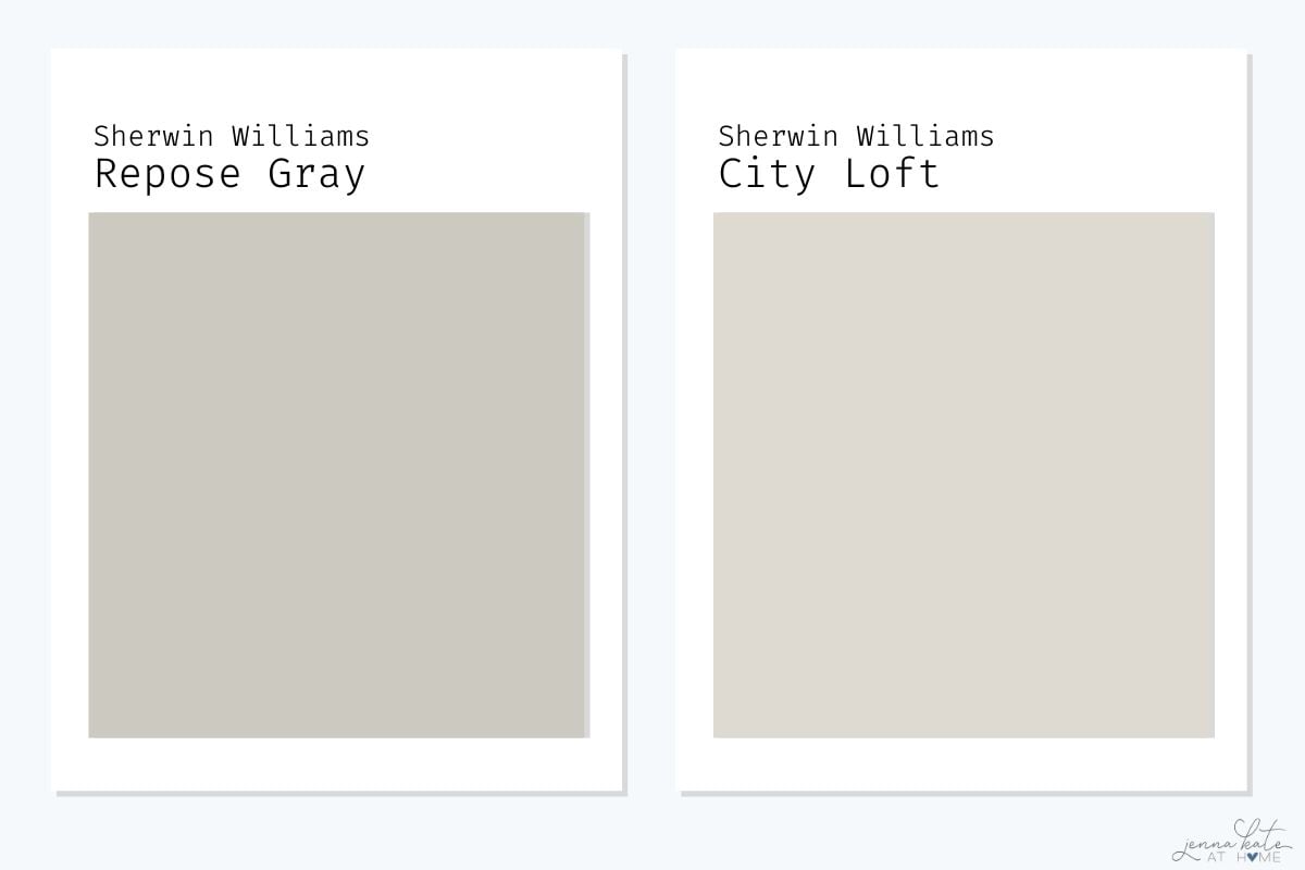 Side-by-side comparison of SW Repose Gray and SW City Loft.