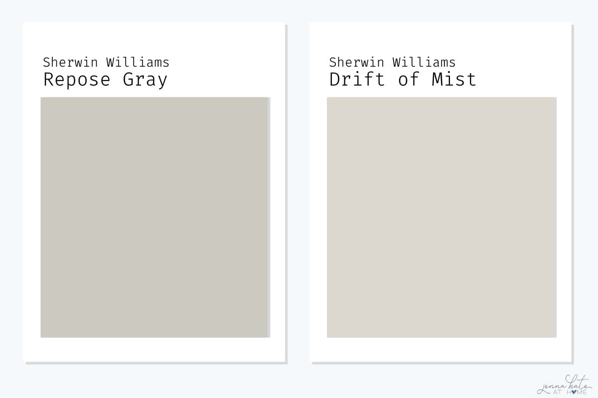 Side-by-side comparison of SW Repose Gray and SW Drift of Mist.
