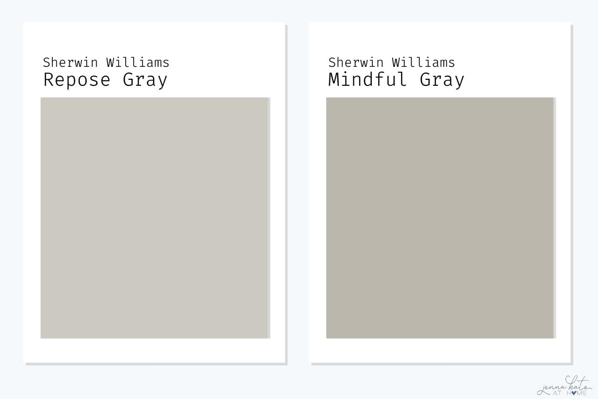 Side-by-side comparison of SW Repose Gray and SW Mindful Gray.