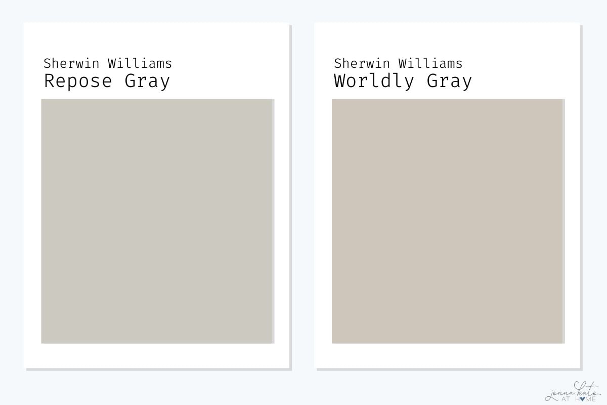 Side-by-side comparison of SW Repose Gray and SW Worldly Gray.