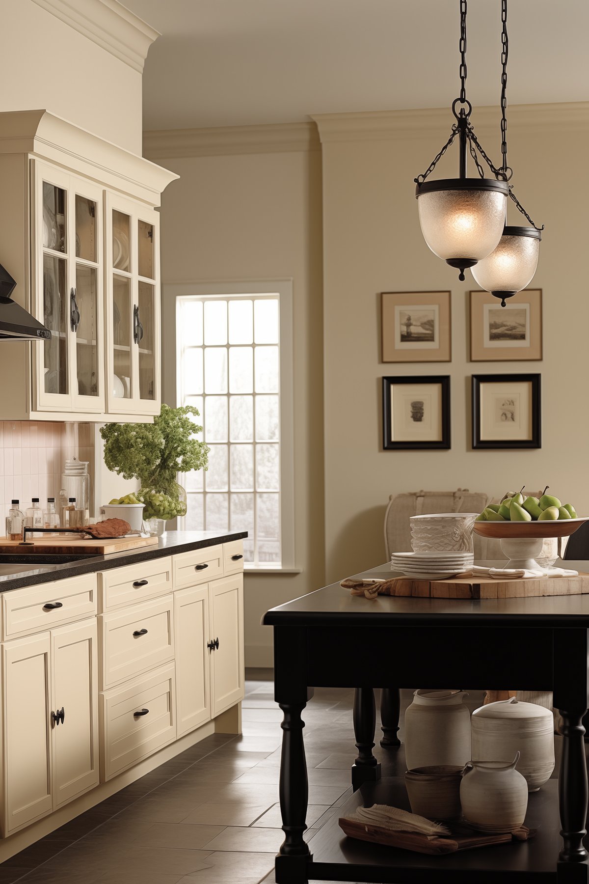 Kitchen walls painted Benjamin Moore Bleeker Beige HC-45. Cabinets are a cream color with black granite countertops and black hardware.