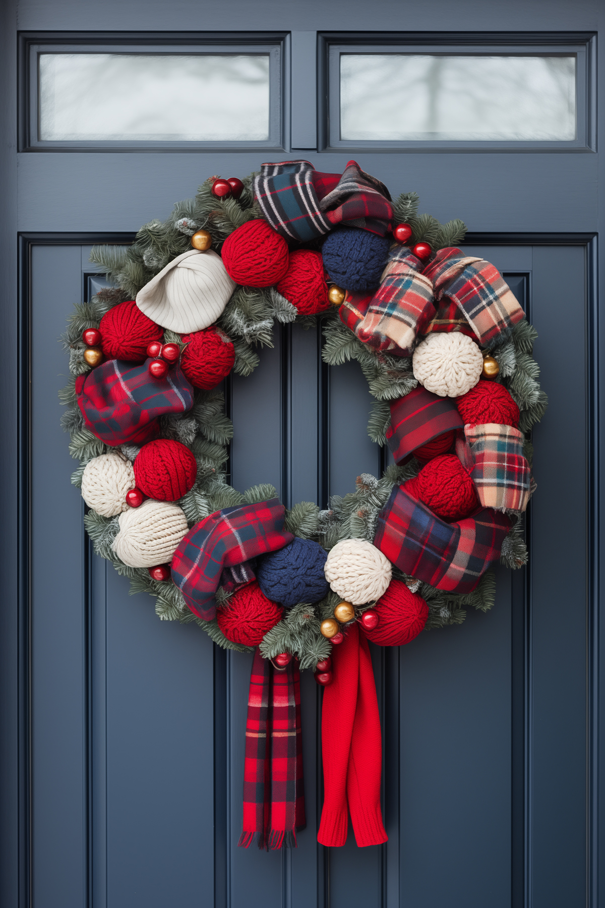 DIY Christmas evergreen wreath with scarves woven through it.