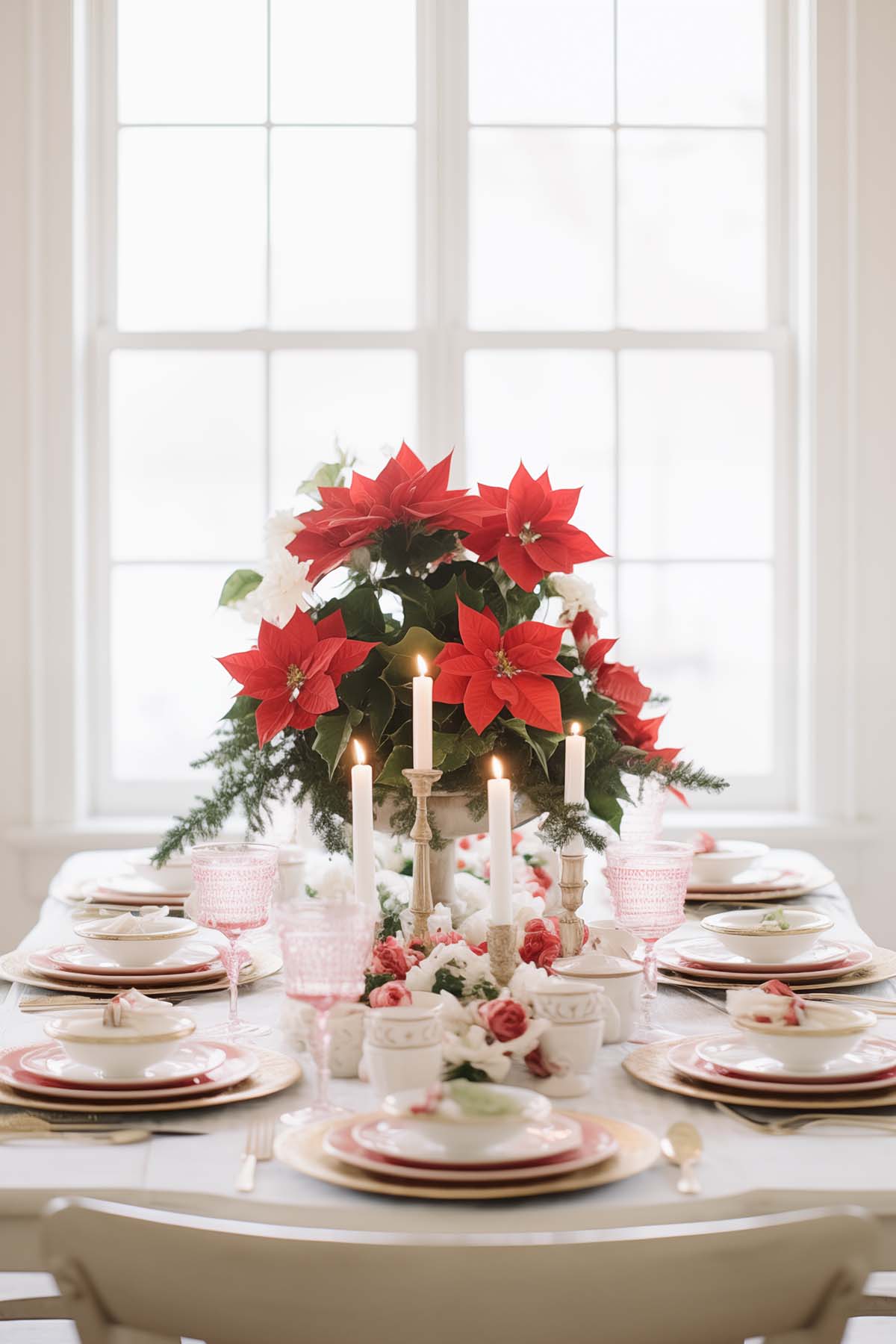 poinsettia plant in a raised urn in the center of a table surrounded by place settings and pink goblets.
