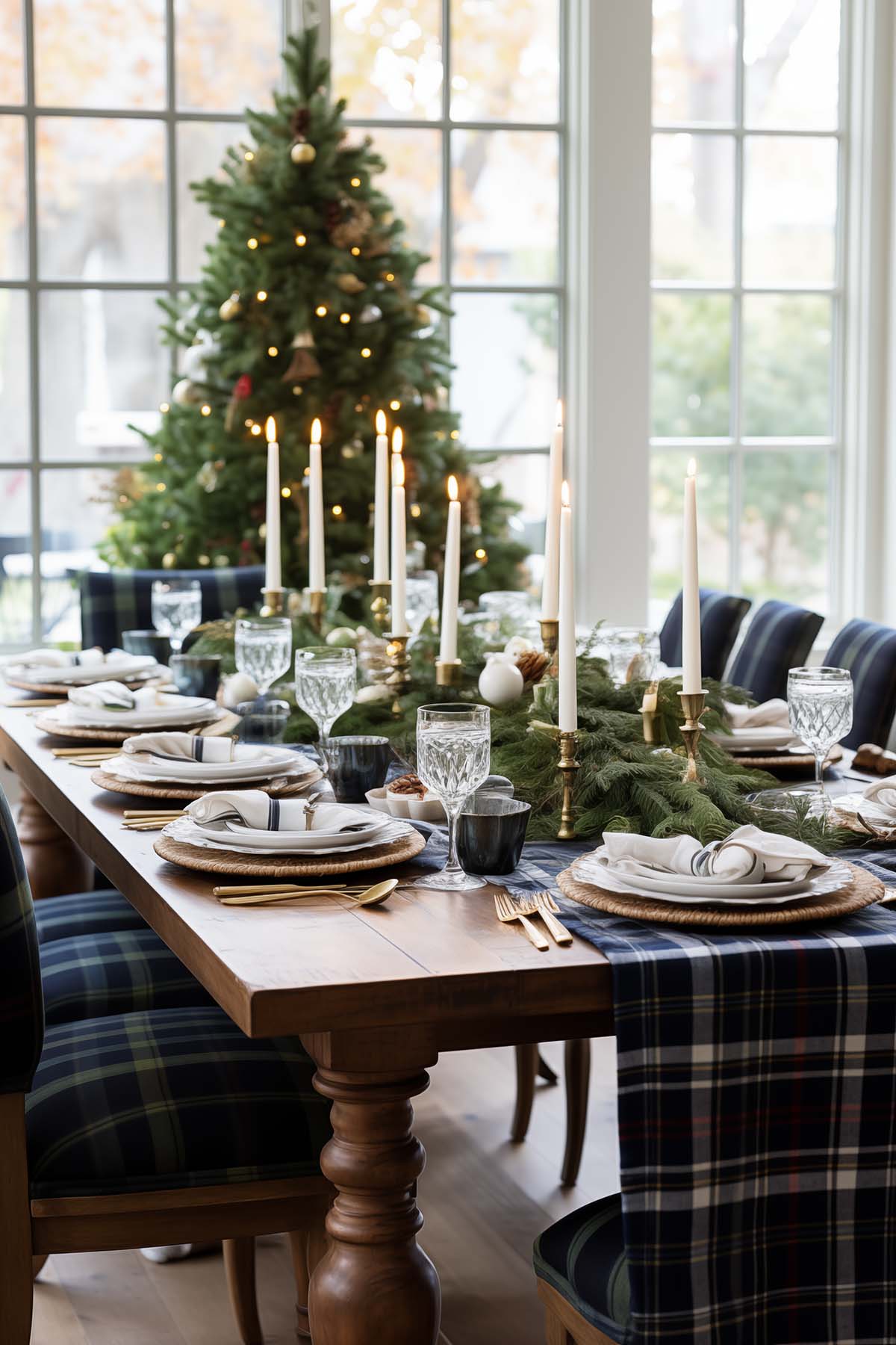 dark tartan tablescape with a lush green garland and lots of tapered candles.