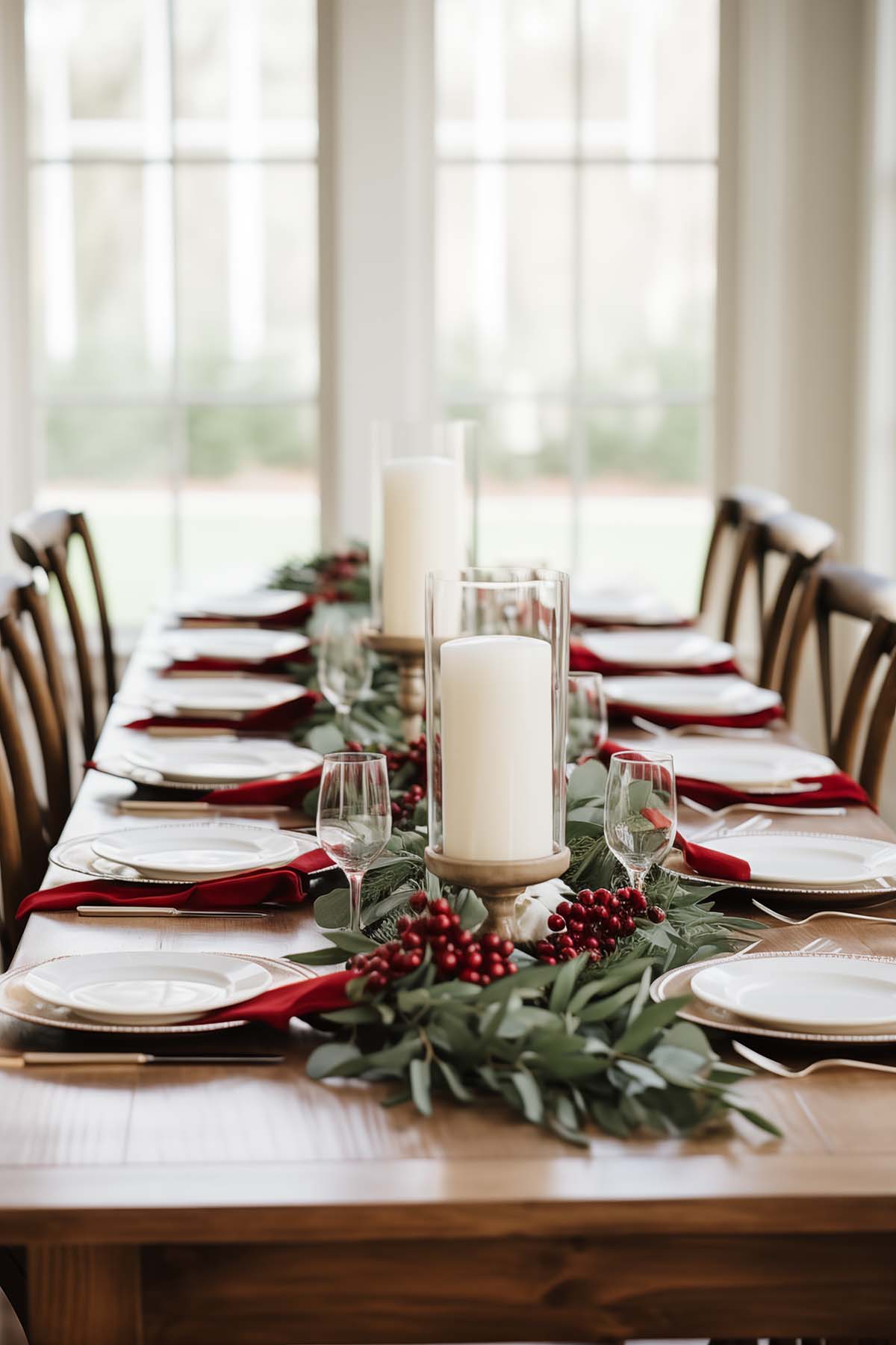 garland down the center of a table with cranberries and pillar candles on wooden bases.