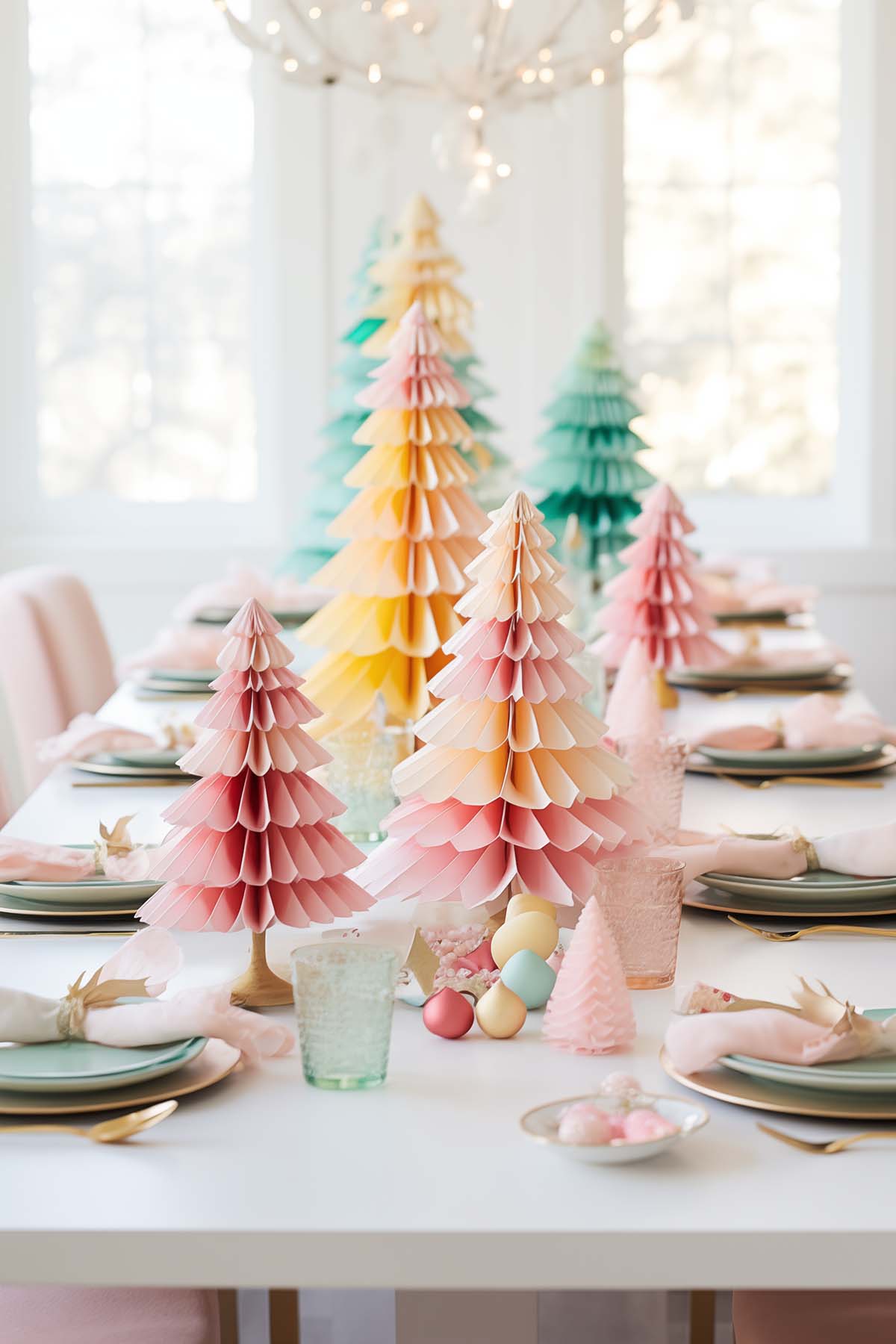 colorful mini paper Christmas trees on a dining room table.