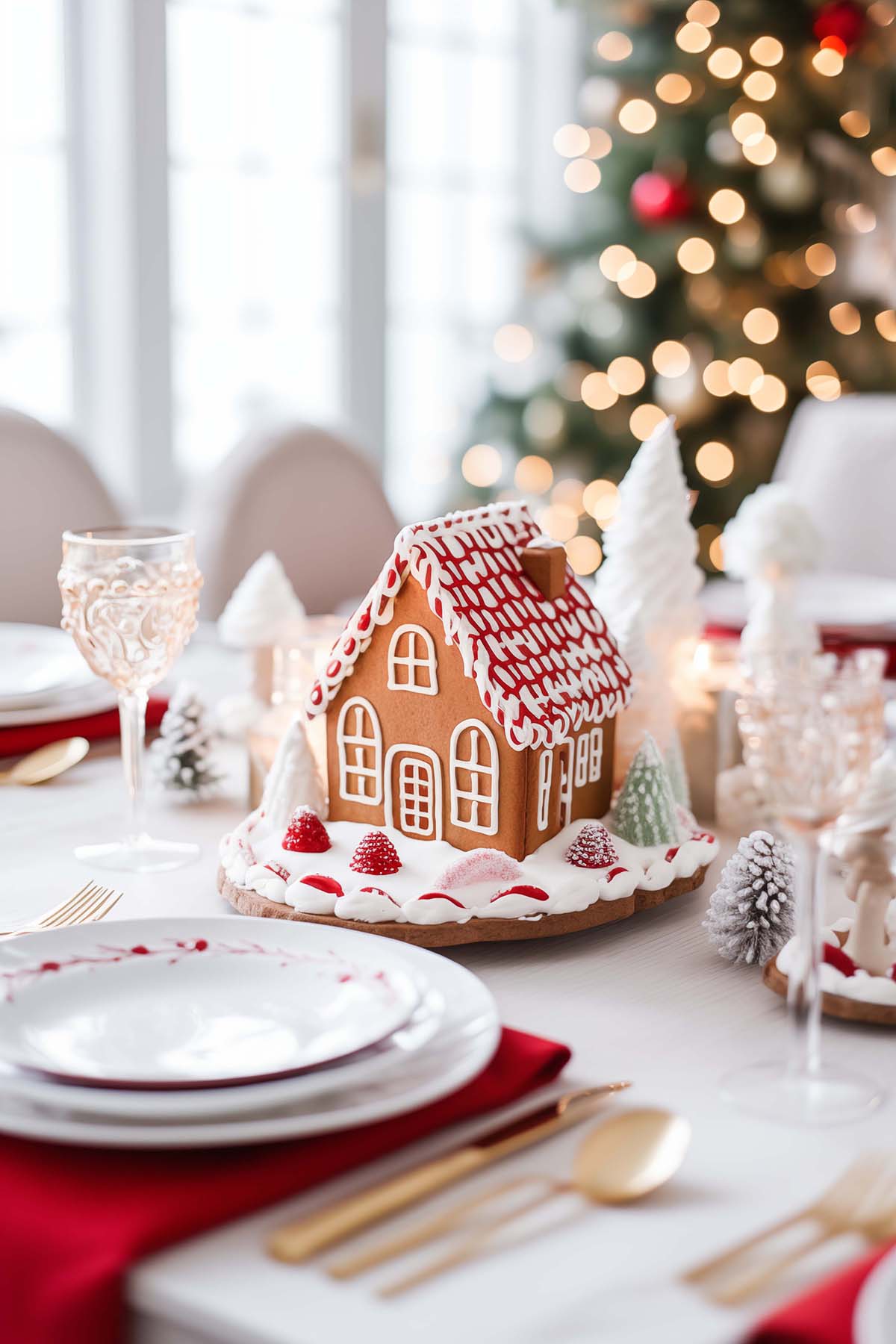 Gingerbread house decorated with white and red frosting on a tablescape with white plates and red napkins.