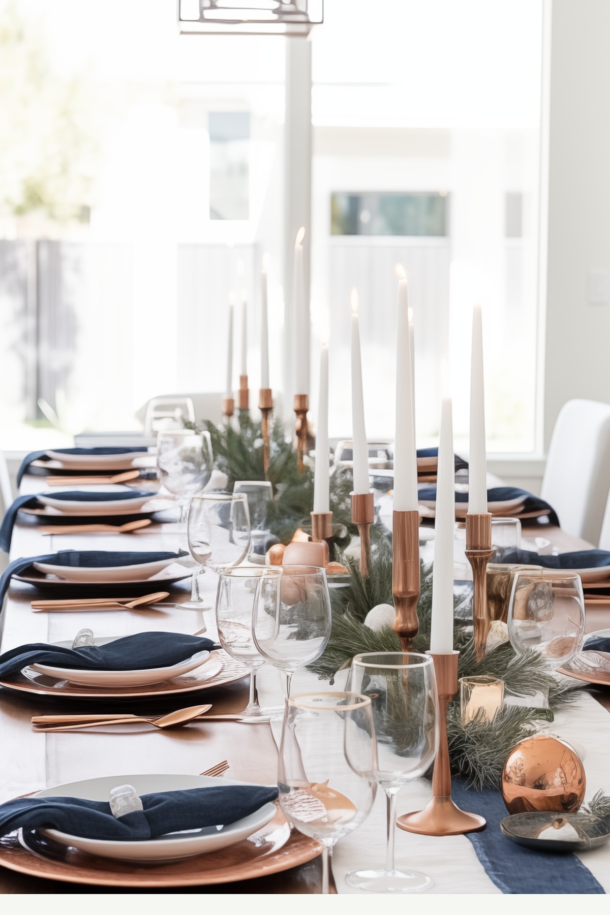 tablescape with copper taper candle holders, copper chargers and navy blue napkins.
