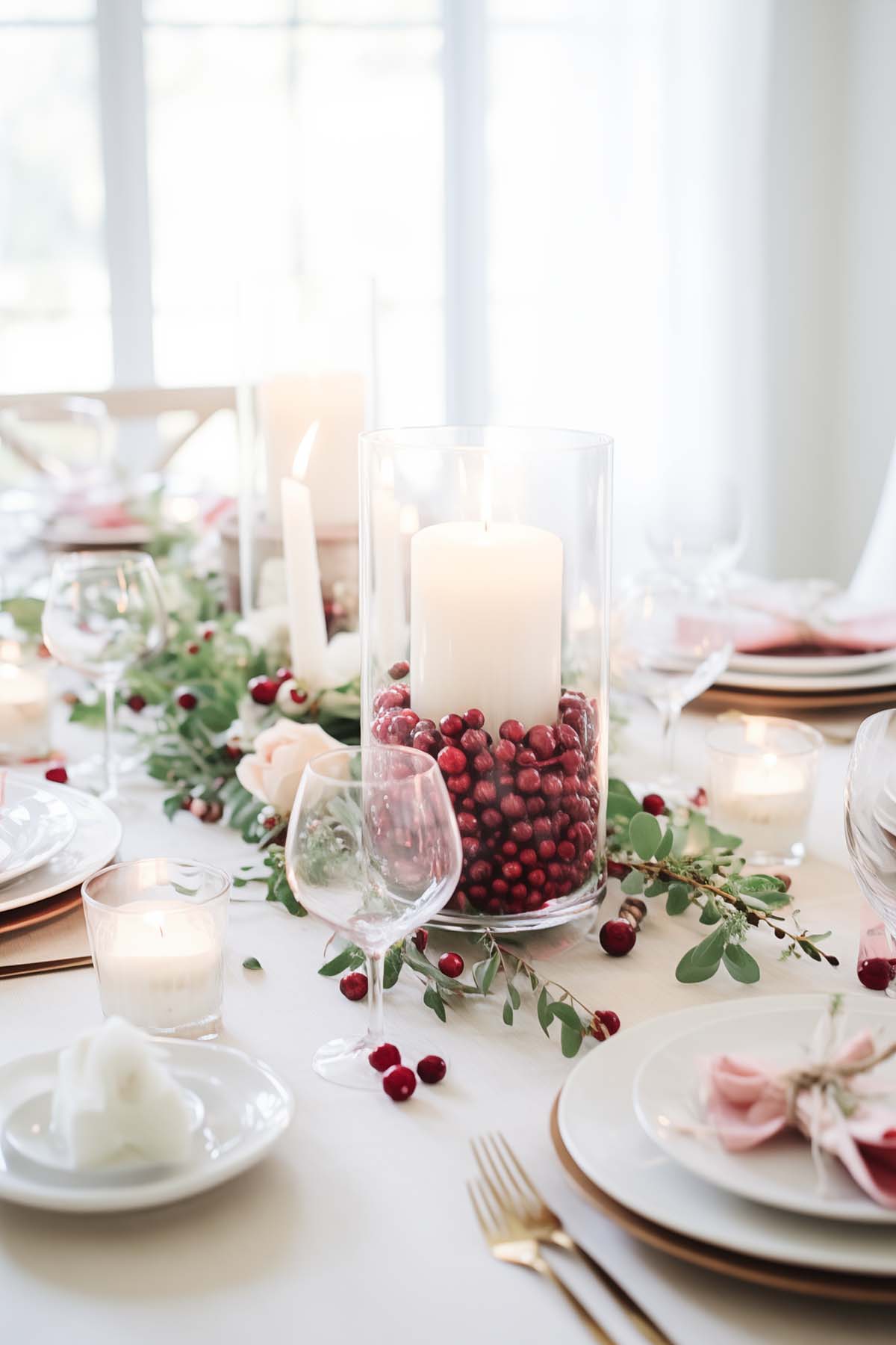 centerpiece of a glass hurricane filled with cranberries and white pillar candle.