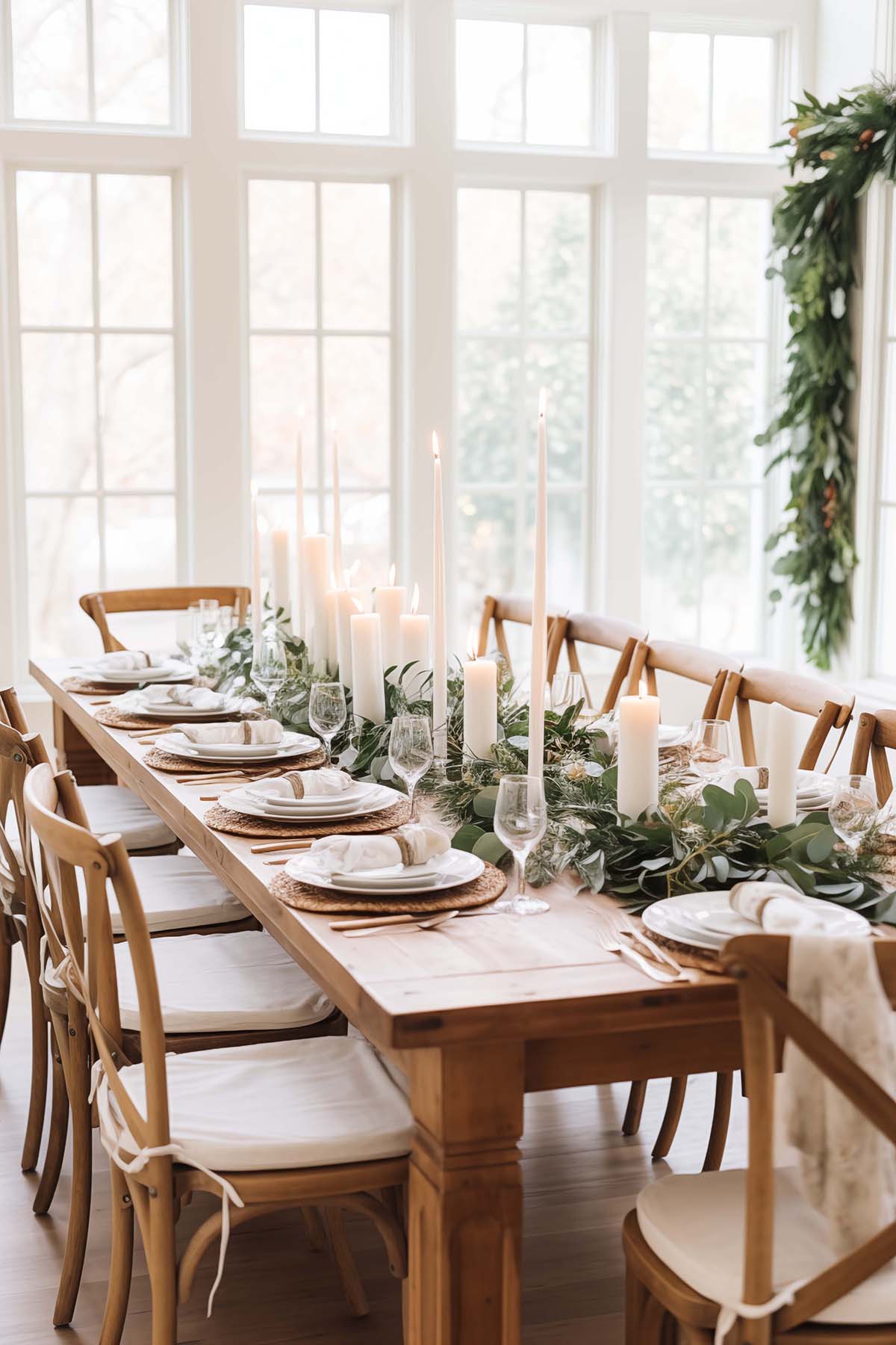 wooden dining table and chairs with thick garland of eucalytpus down the center with candles.