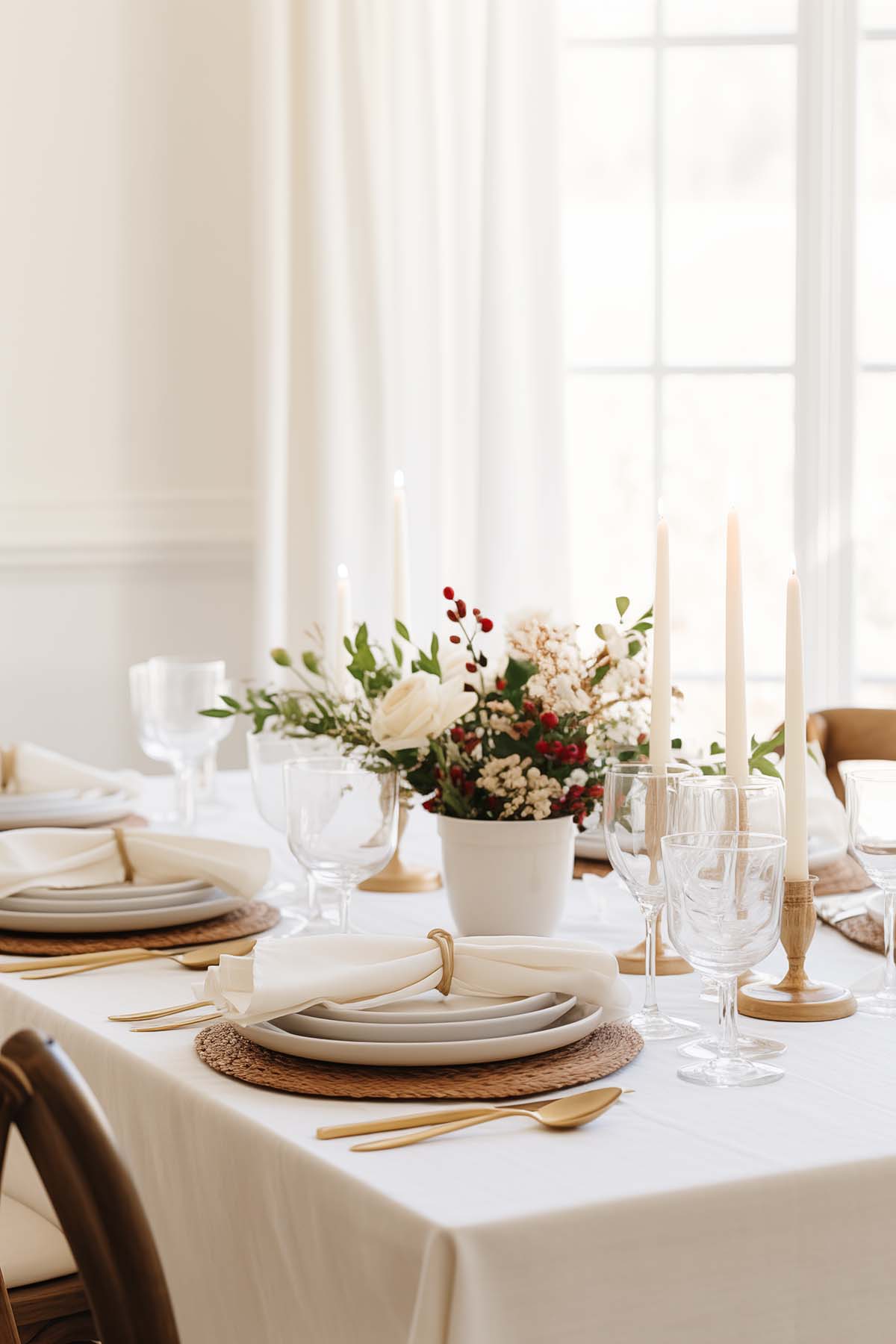 simple white tablesetting with vase of  greenery, white flowers and red berries.